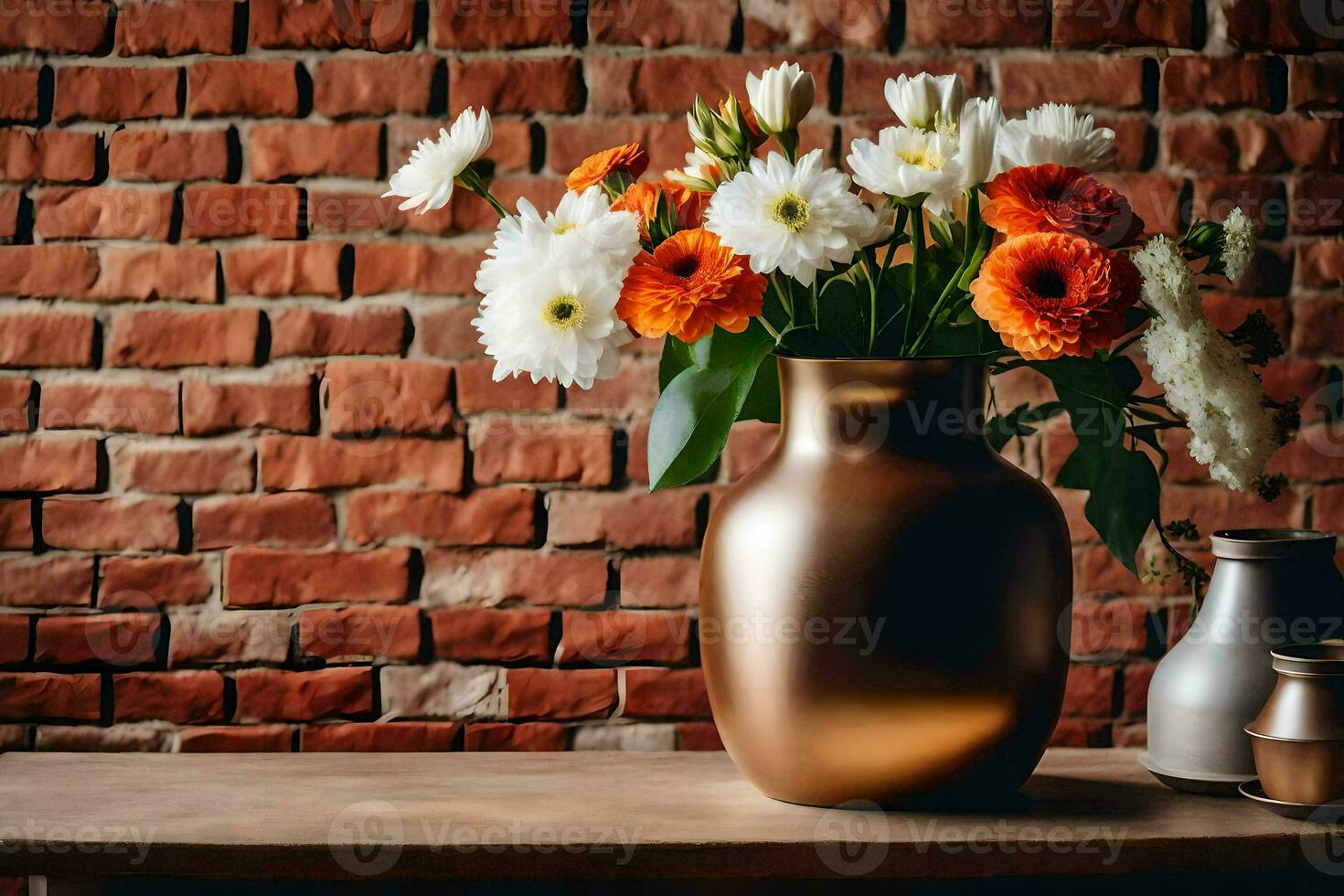 un florero con flores en un mesa en frente de un ladrillo pared. generado por ai foto
