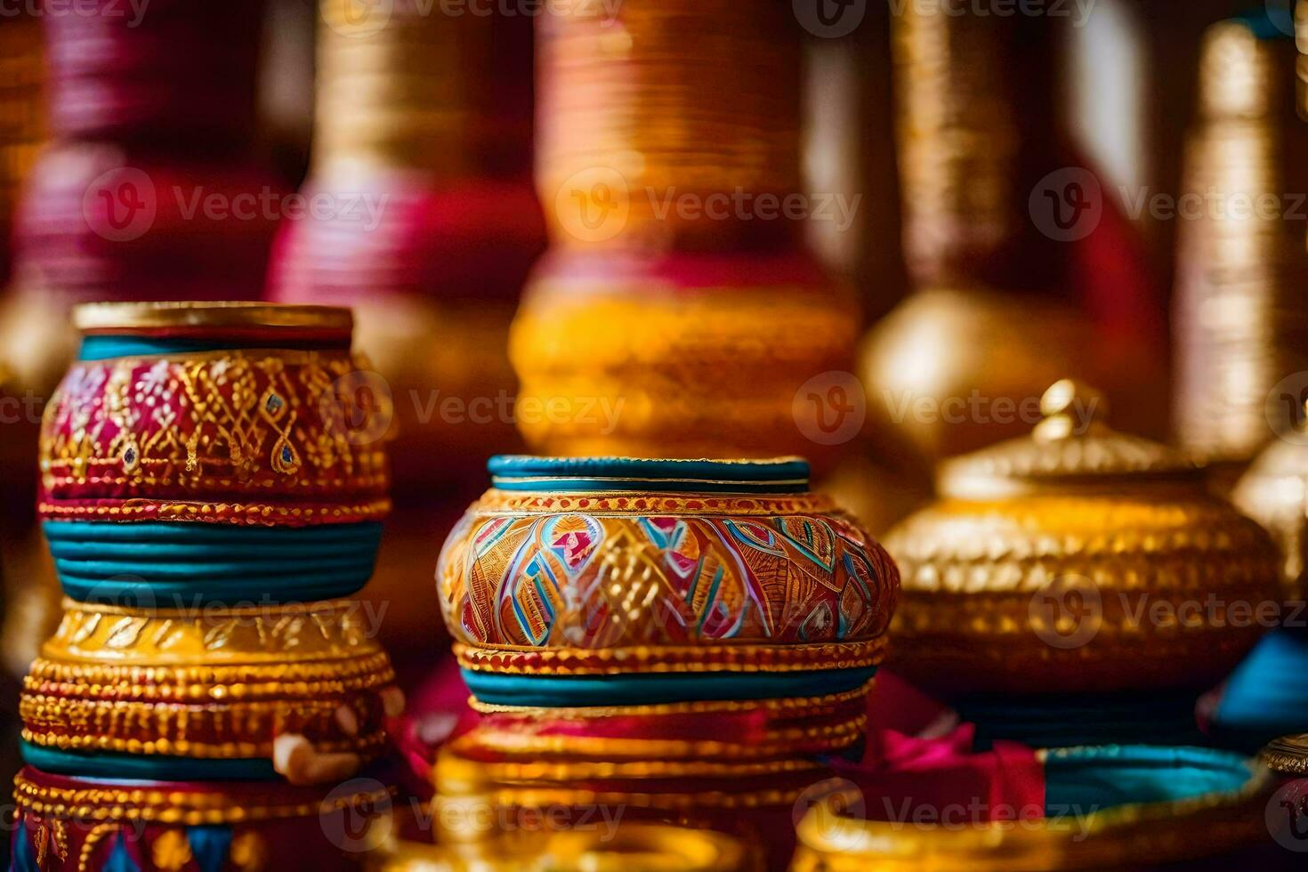 indian pottery on display at a market. AI-Generated photo