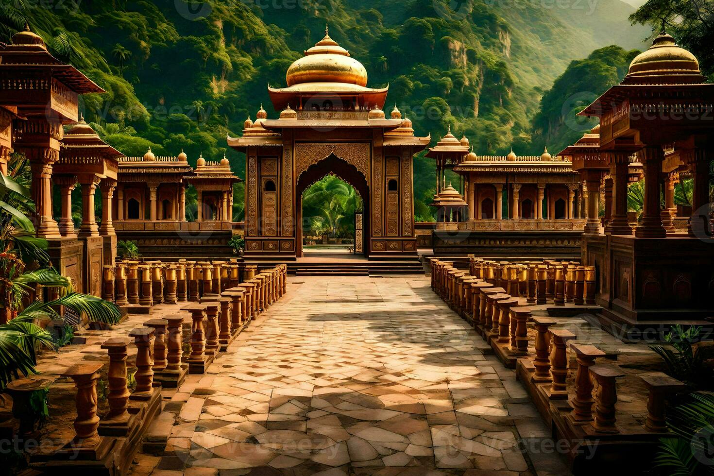 a stone walkway leads to a temple in the mountains. AI-Generated photo