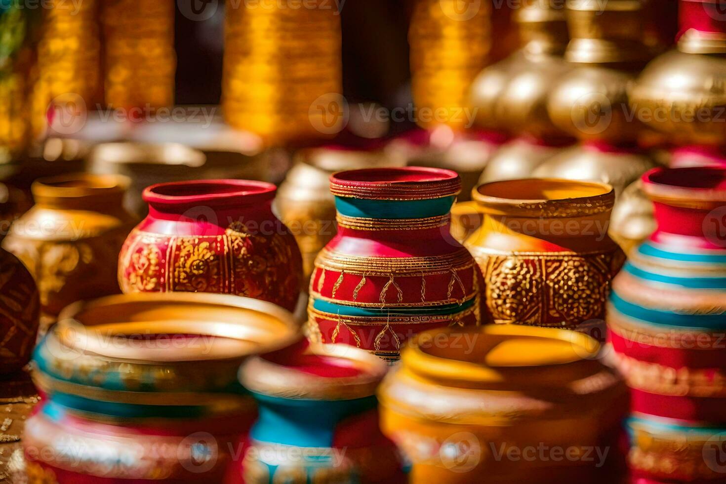 colorful vases are displayed on a table. AI-Generated photo