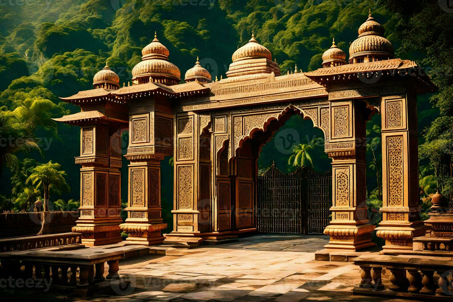 an ornate gate in the middle of a lush green forest. AI-Generated photo
