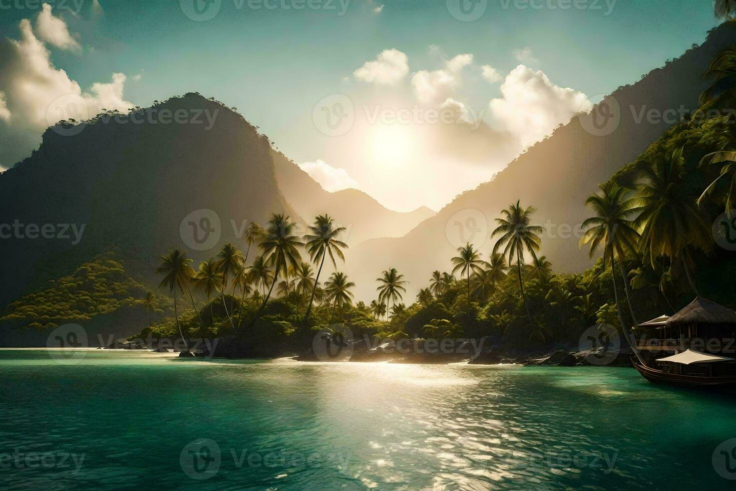 a tropical island with palm trees and a boat. AI-Generated photo