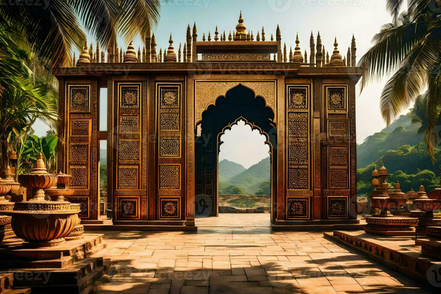an ornate gate in the middle of a tropical garden. AI-Generated photo