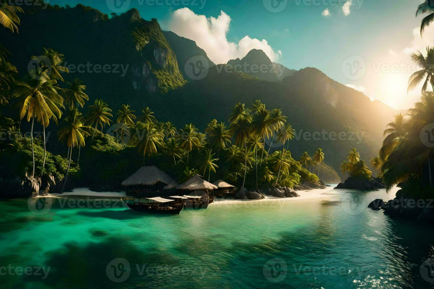 a tropical island with palm trees and a boat. AI-Generated photo