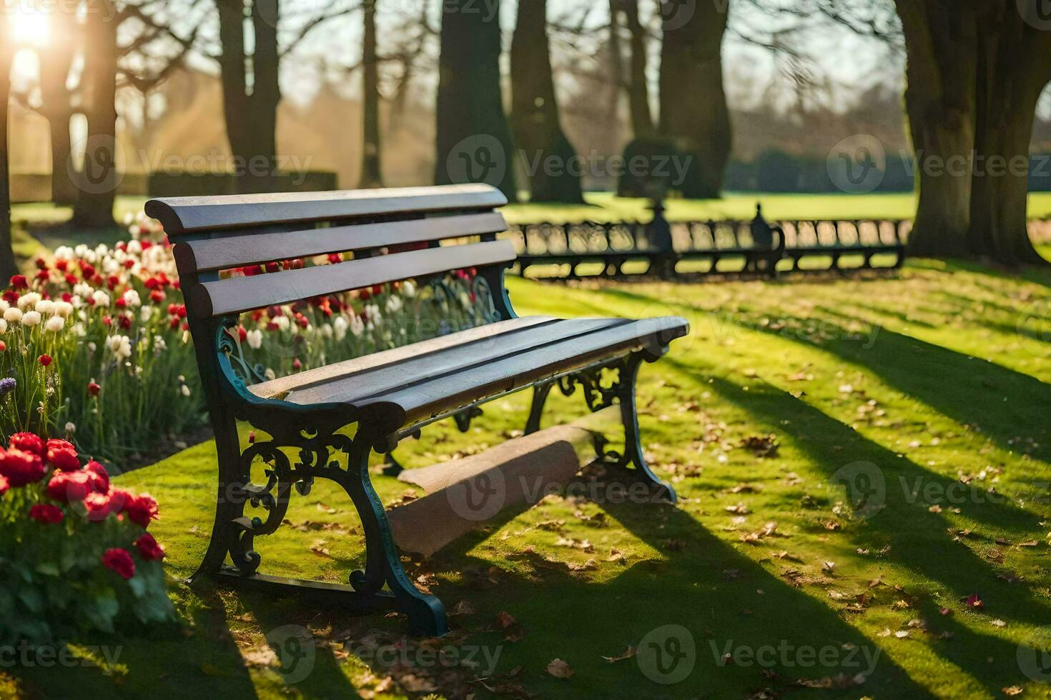 a bench in a park with tulips and trees. AI-Generated photo