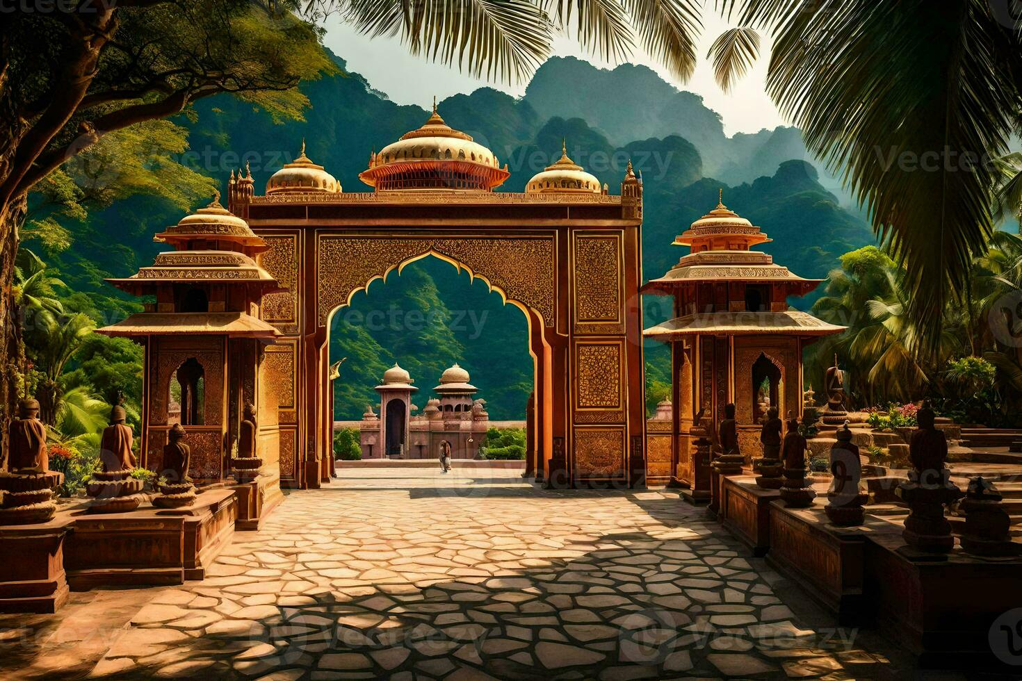 an entrance to a temple in the middle of a jungle. AI-Generated photo