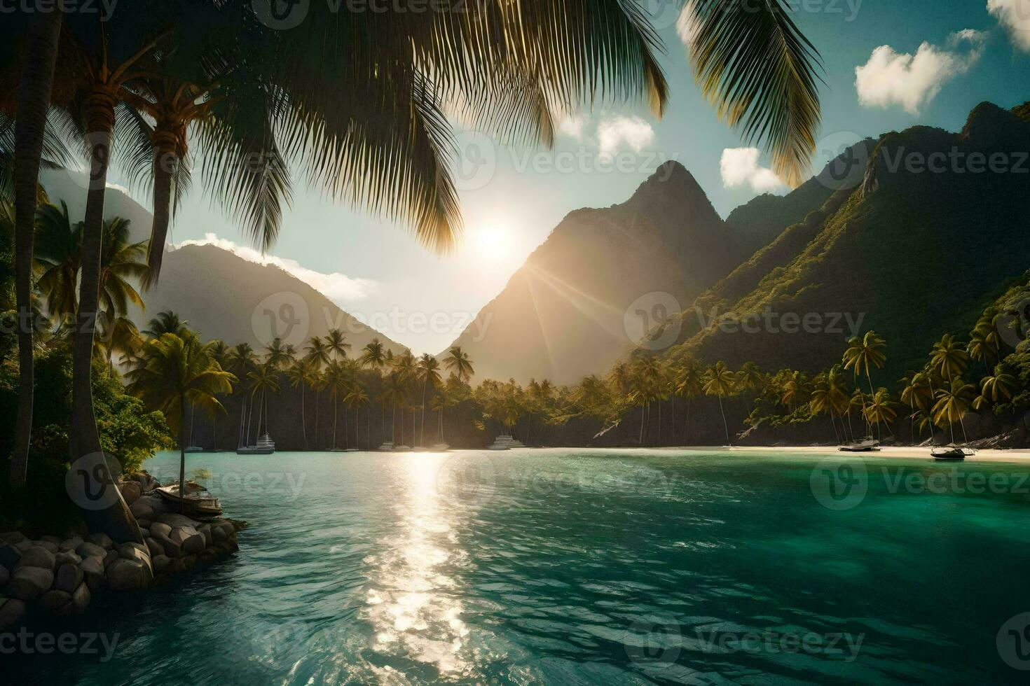 the sun shines over a tropical island with palm trees. AI-Generated photo