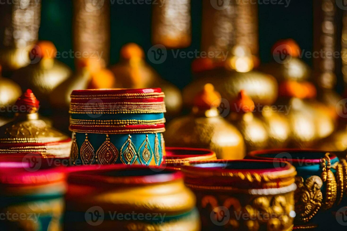 gold and red decorative cups on display. AI-Generated photo