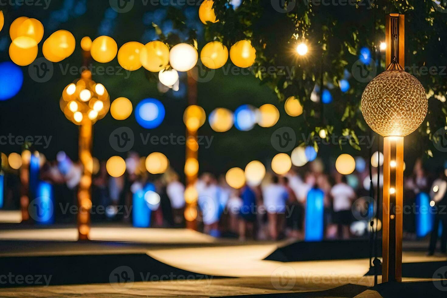 a walkway with lights and lanterns. AI-Generated photo