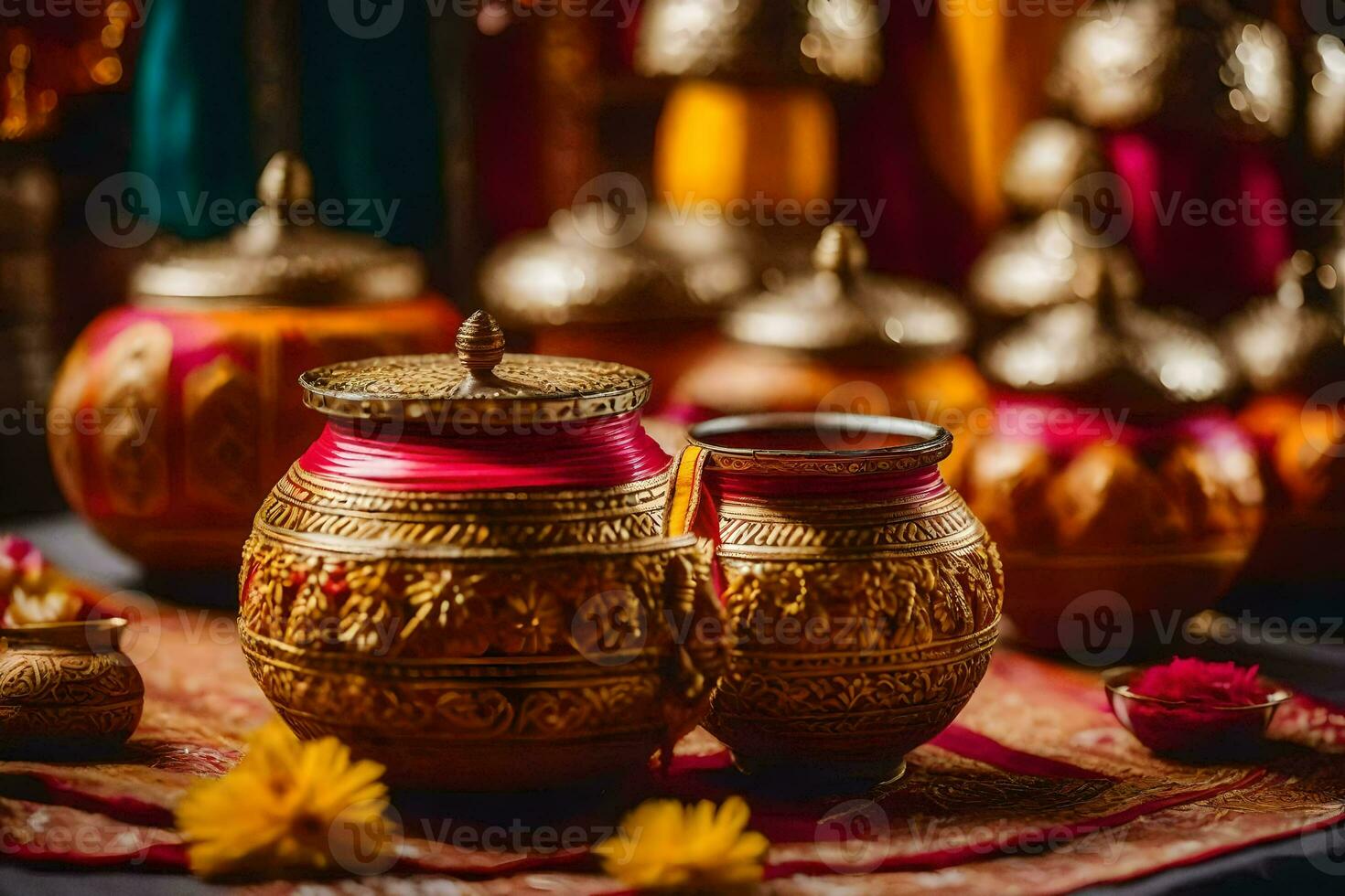 indian wedding decor with gold and red pots. AI-Generated photo
