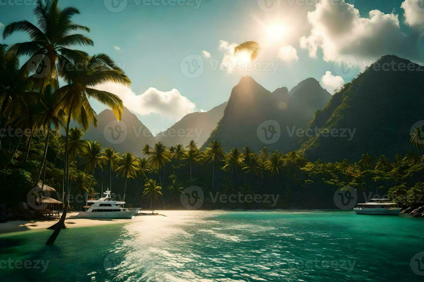 a tropical island with palm trees and boats. AI-Generated photo