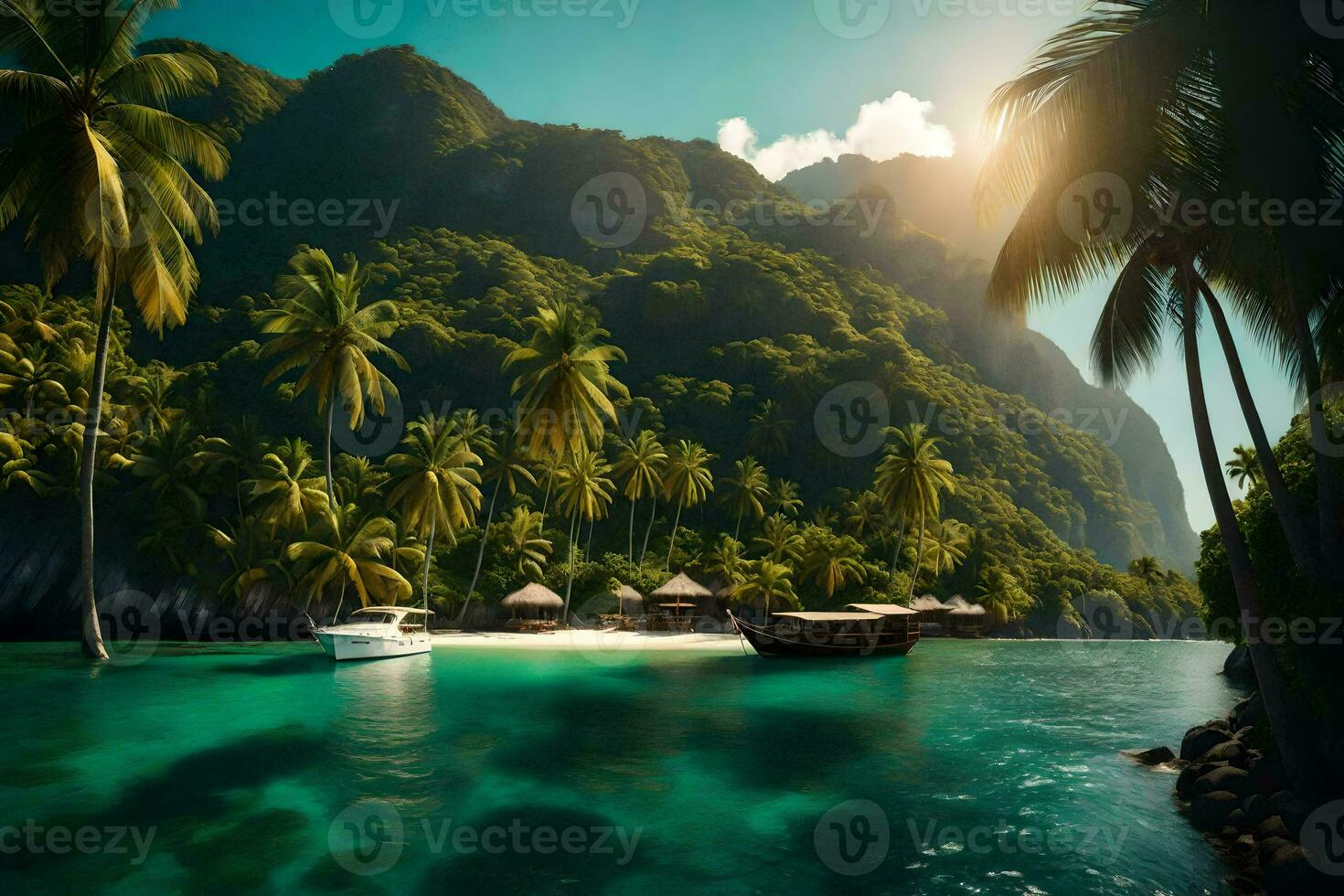 a tropical island with palm trees and boats. AI-Generated photo