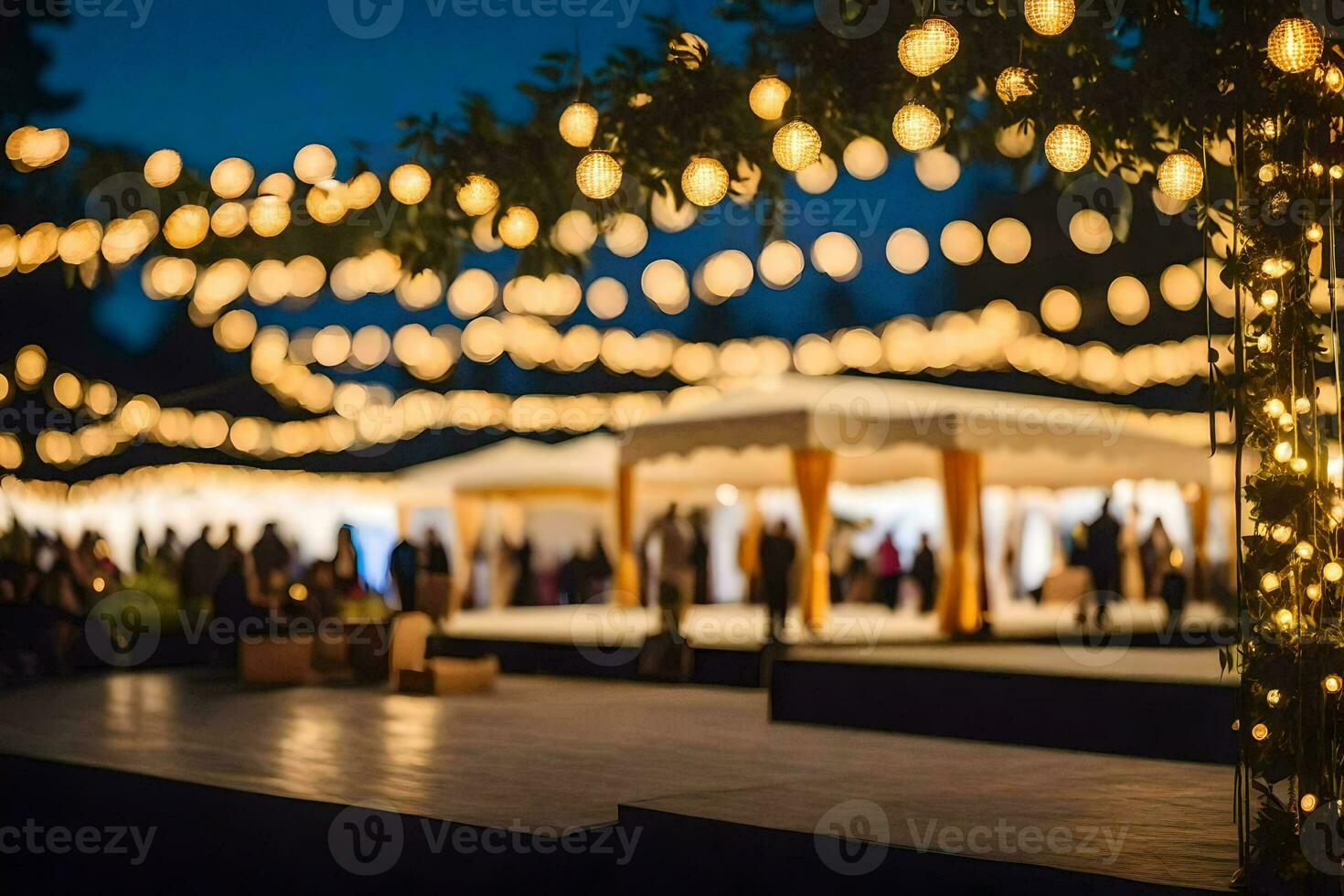 a wedding reception under the lights with string lights. AI-Generated photo