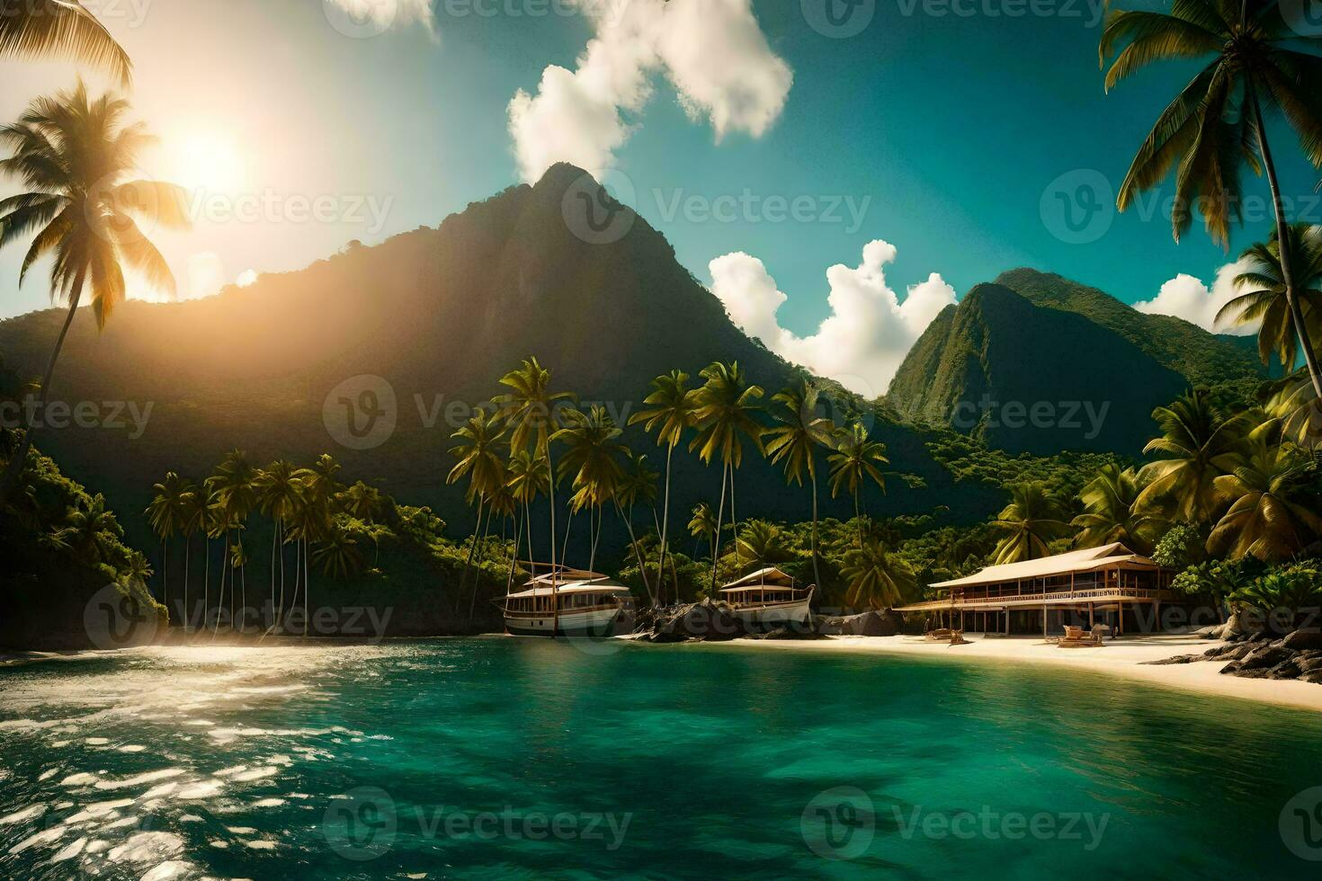 a tropical island with palm trees and a beach. AI-Generated photo