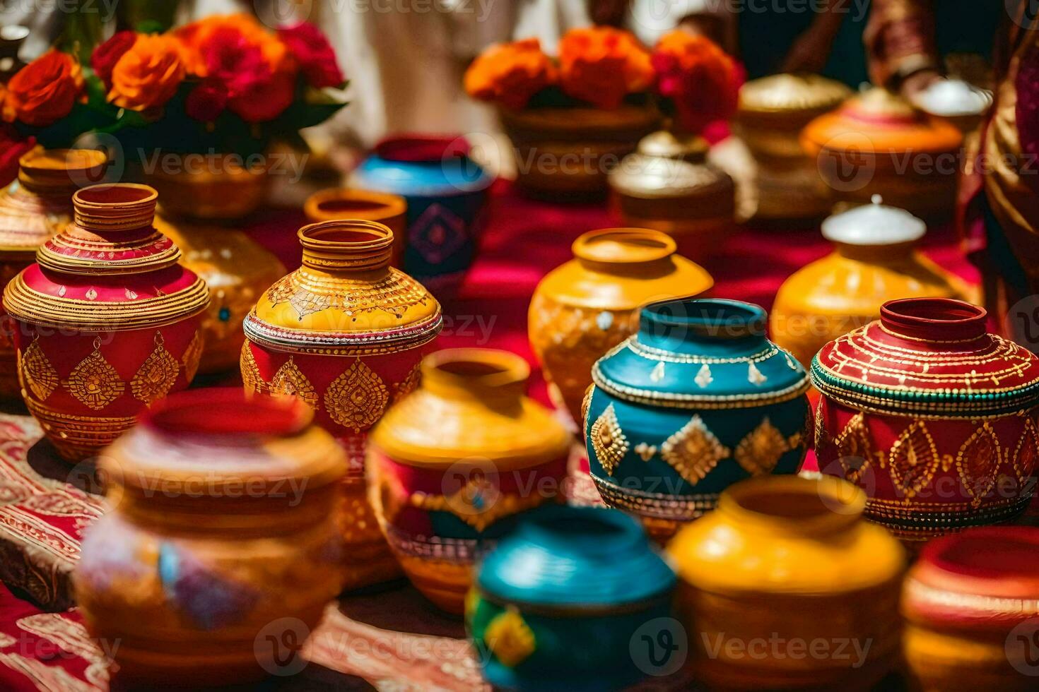colorful pots and vases on a table with flowers. AI-Generated photo