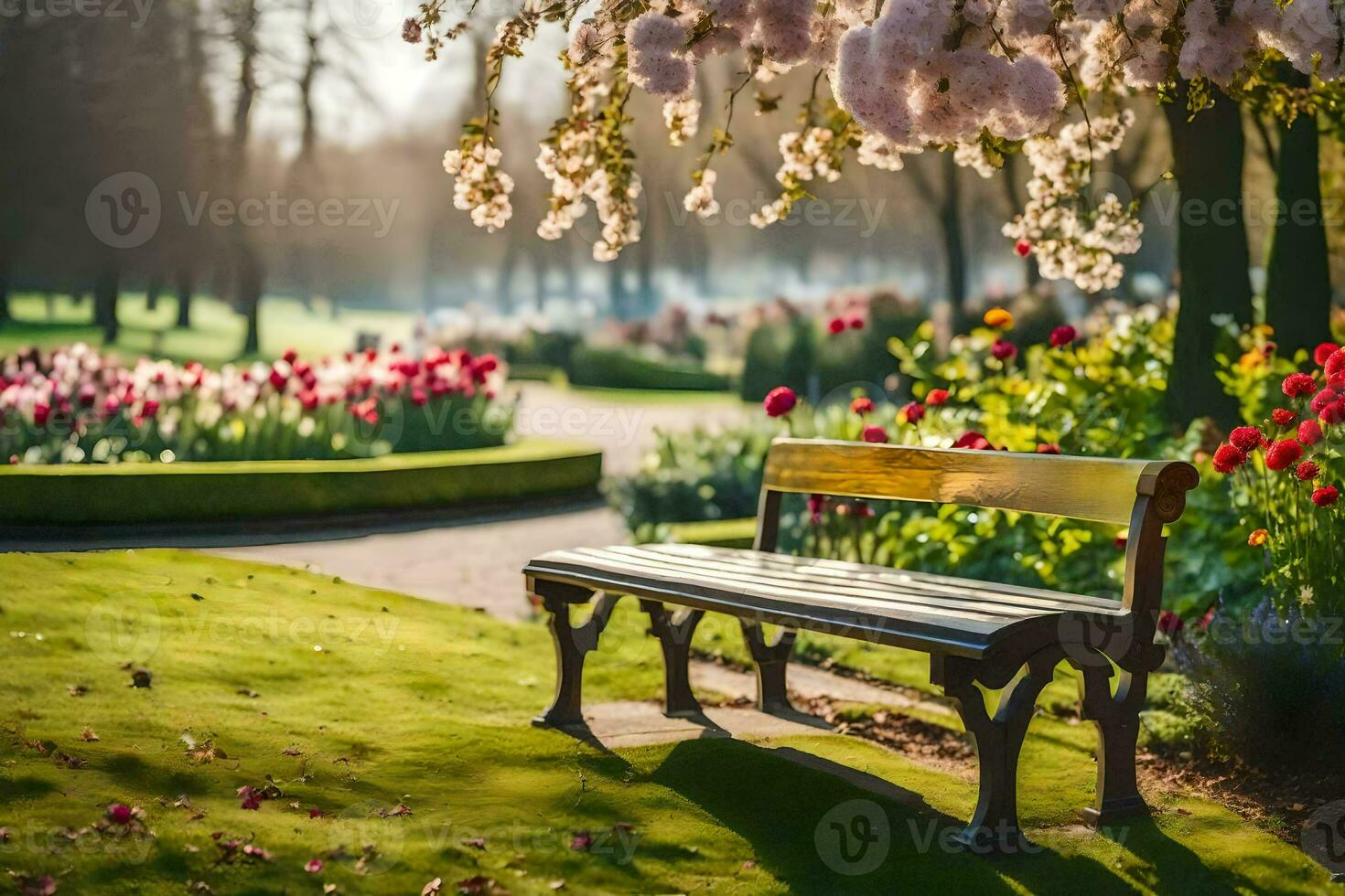 a bench sits in a park surrounded by flowers. AI-Generated photo