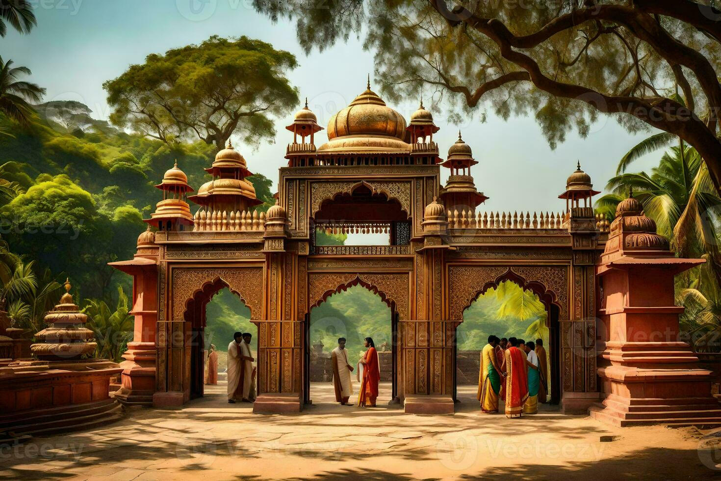 people standing in front of an indian temple. AI-Generated photo