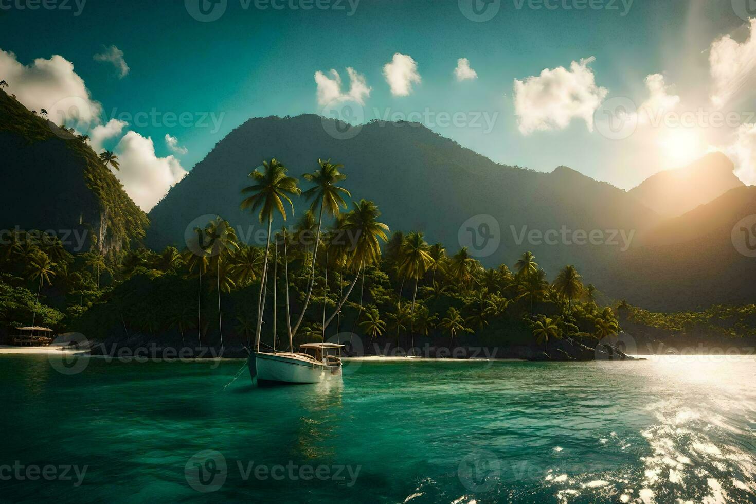 the sun shines on a boat in the ocean. AI-Generated photo