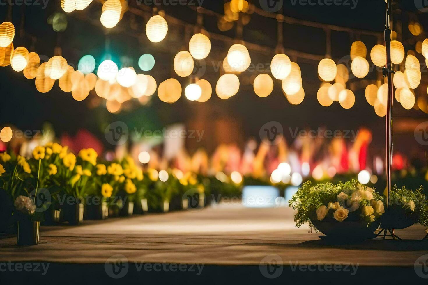 a table with flowers and lights in the background. AI-Generated photo