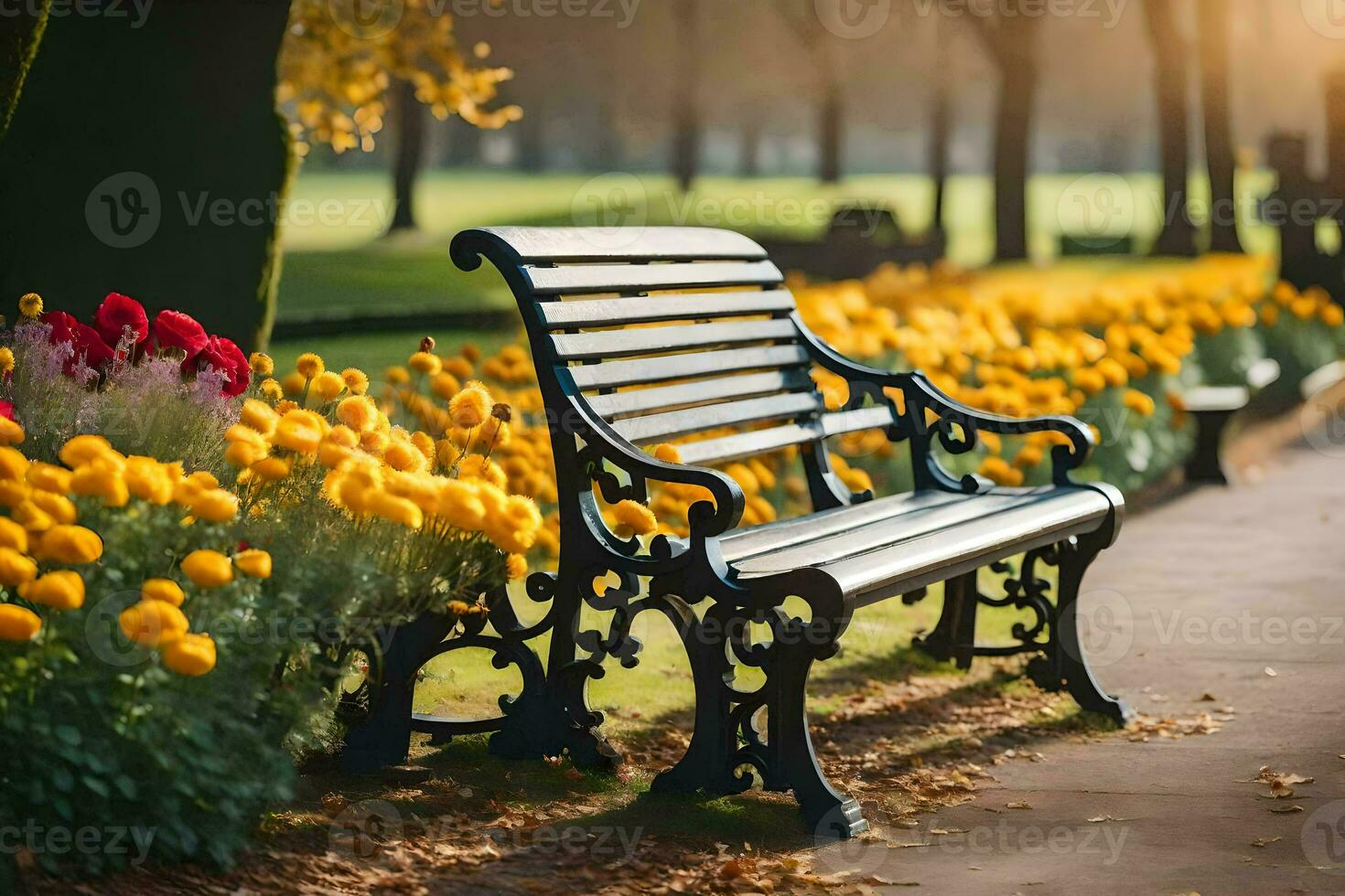 a bench in a park with yellow flowers. AI-Generated photo