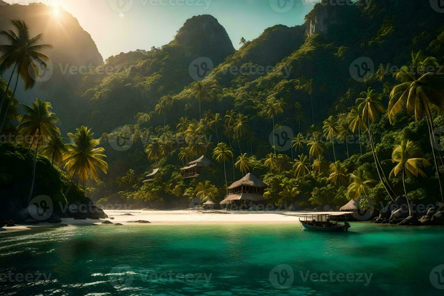 tropical island with palm trees and a boat. AI-Generated photo