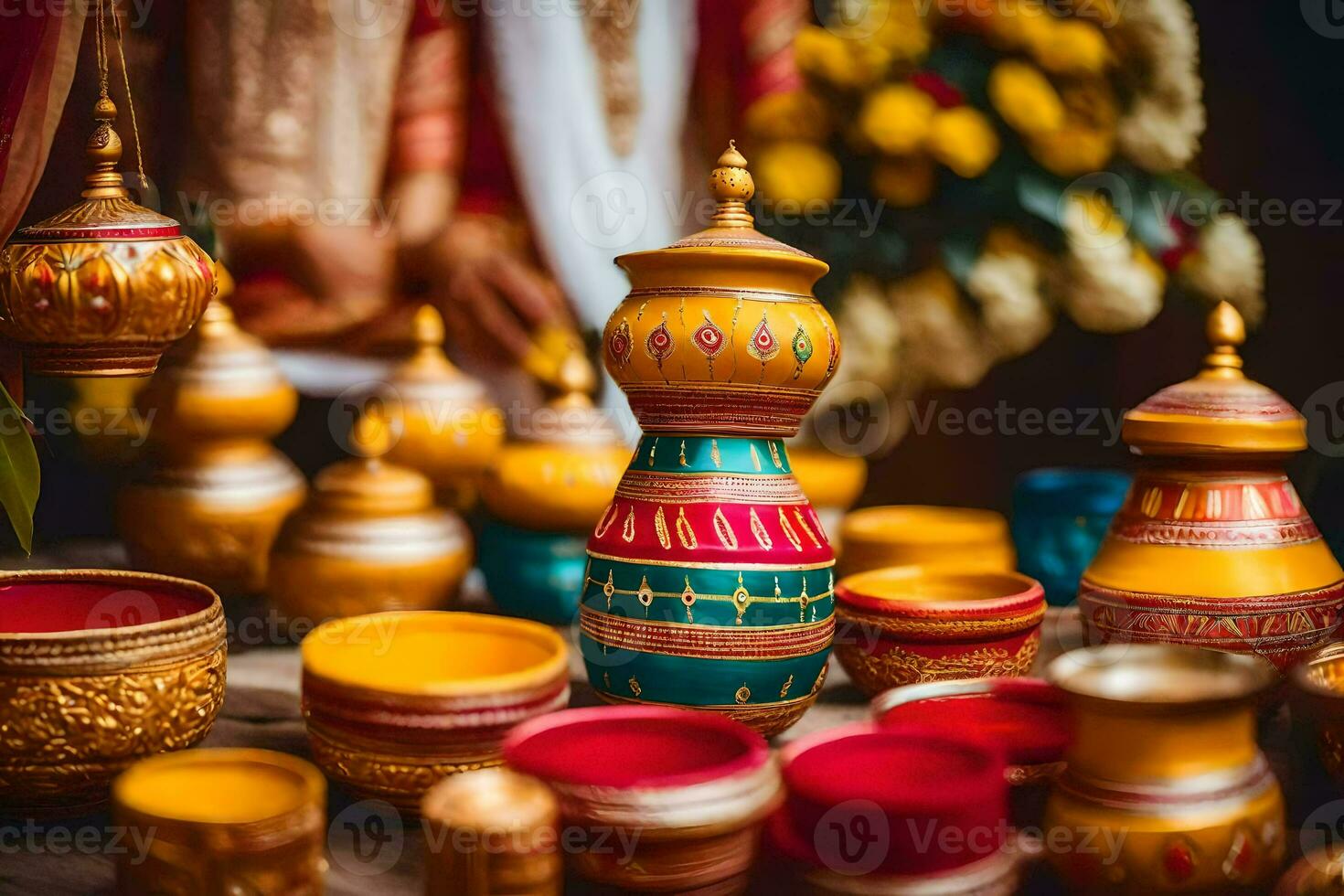 indian wedding decor with colorful pots and vases. AI-Generated photo