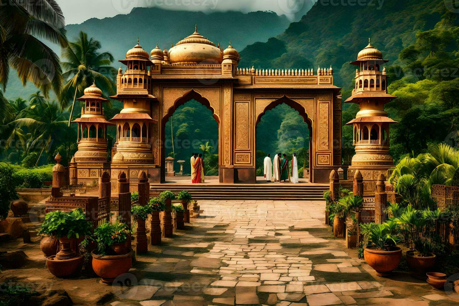 an indian temple in the middle of a jungle. AI-Generated photo