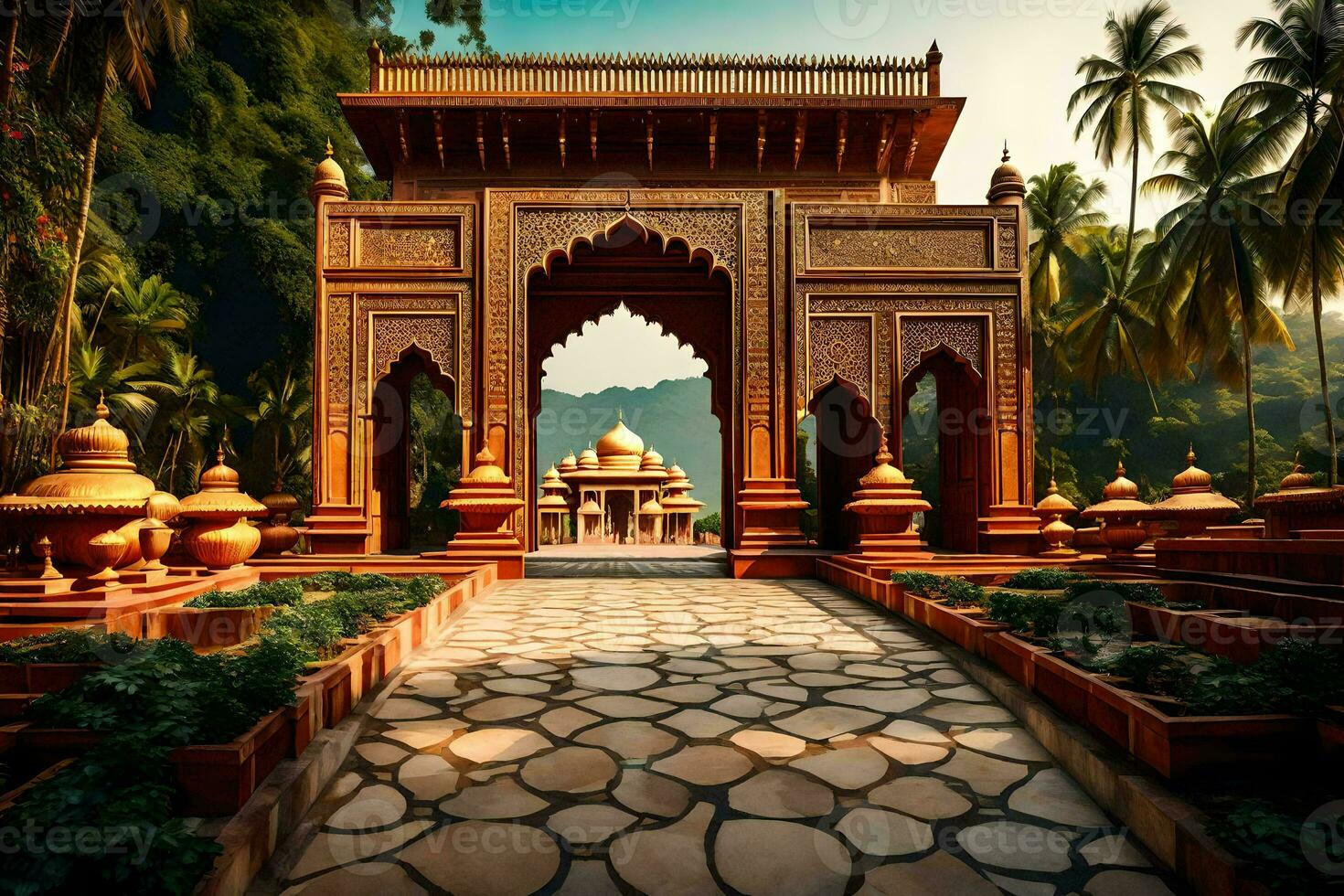 an ornate archway in the middle of a tropical garden. AI-Generated photo