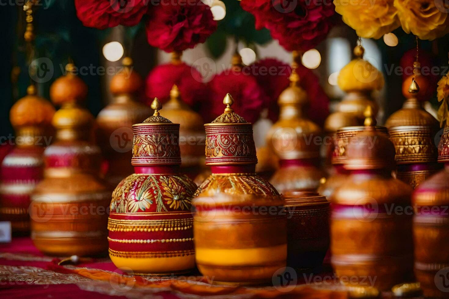 many colorful vases with gold and red flowers. AI-Generated photo