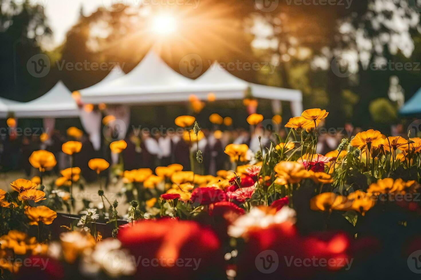 a field of flowers at sunset. AI-Generated photo