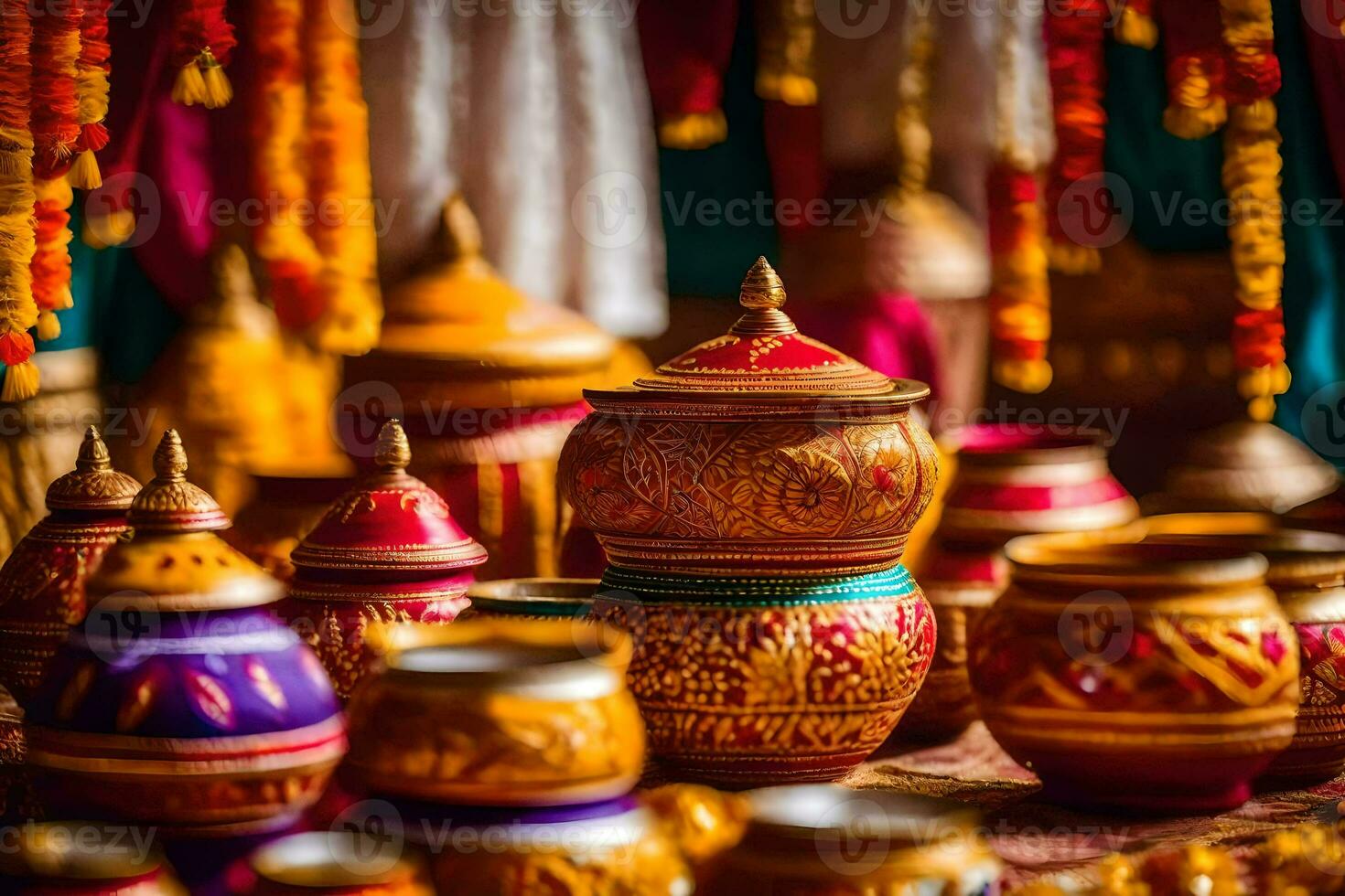 many colorful pots and bowls are on display. AI-Generated photo