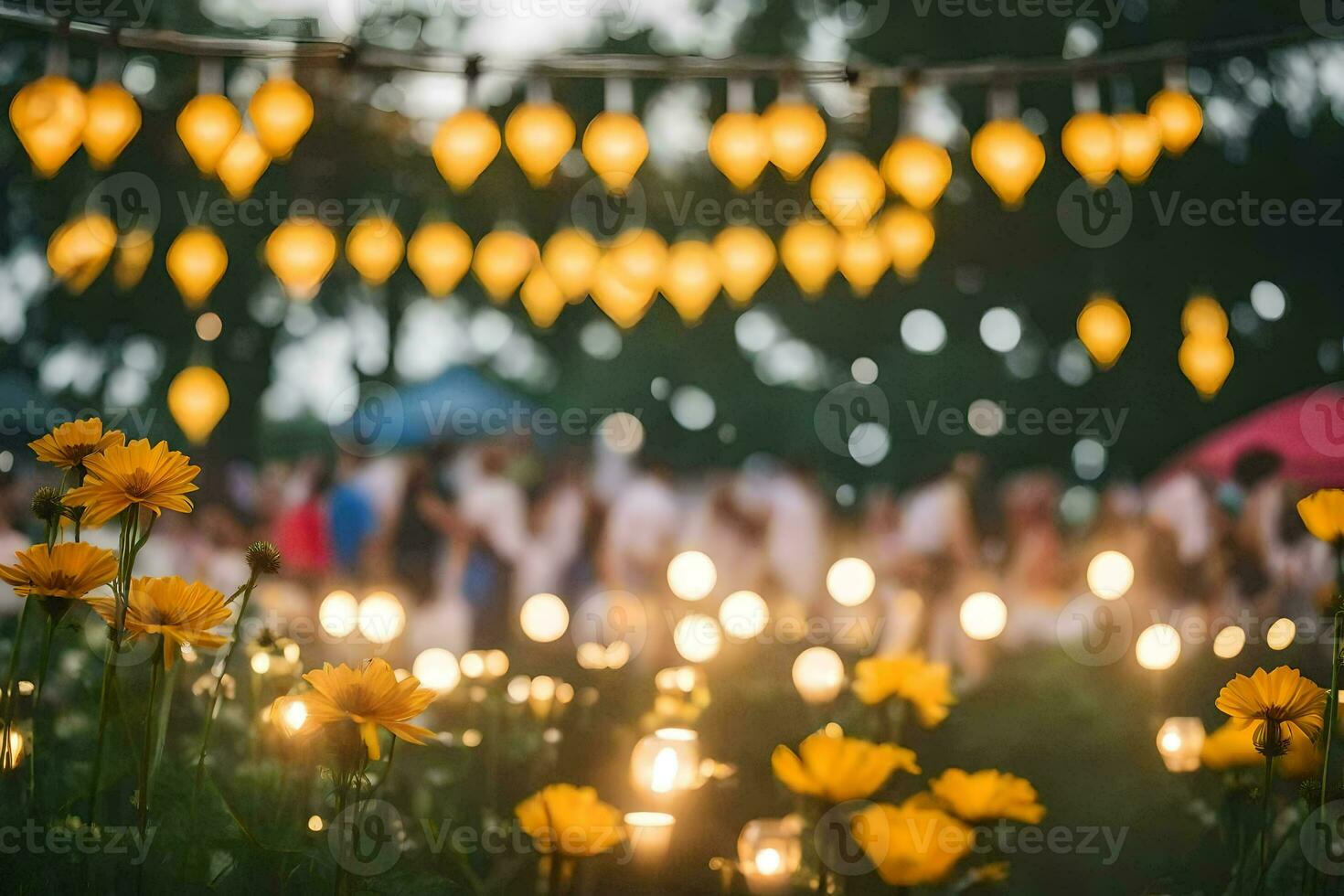 yellow flowers and candles in the grass. AI-Generated photo