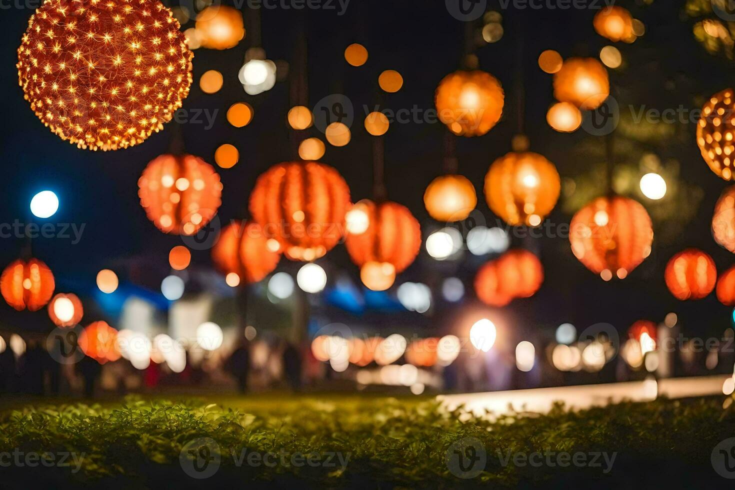 orange lanterns hanging from the trees at night. AI-Generated photo