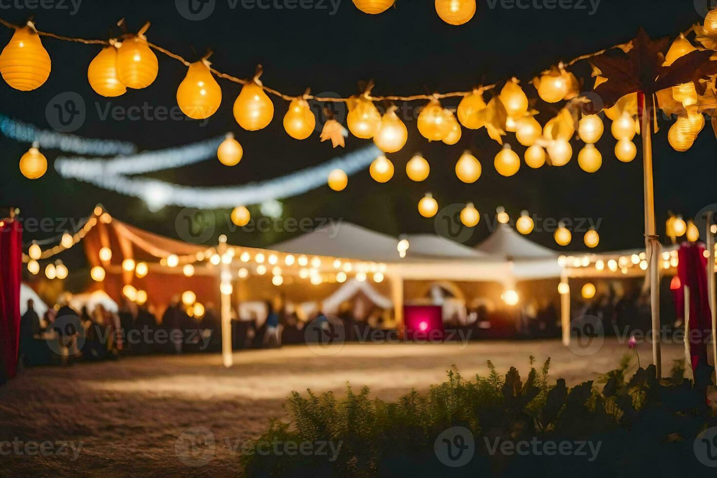 a wedding reception at night with string lights and lanterns. AI-Generated photo