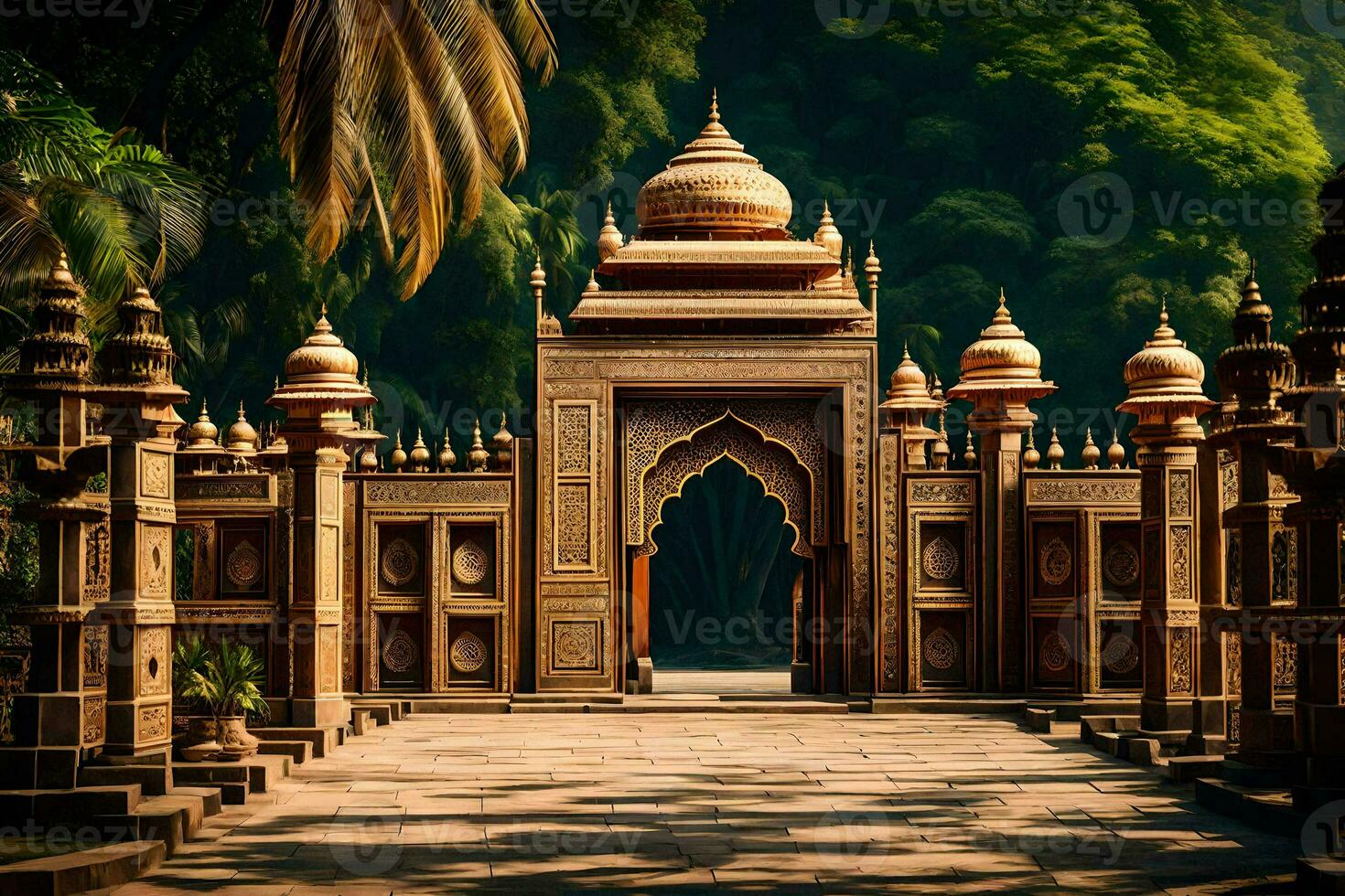 an ornate gate in the middle of a park. AI-Generated photo