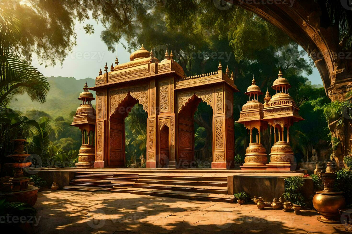 an indian temple in the jungle with trees and plants. AI-Generated photo