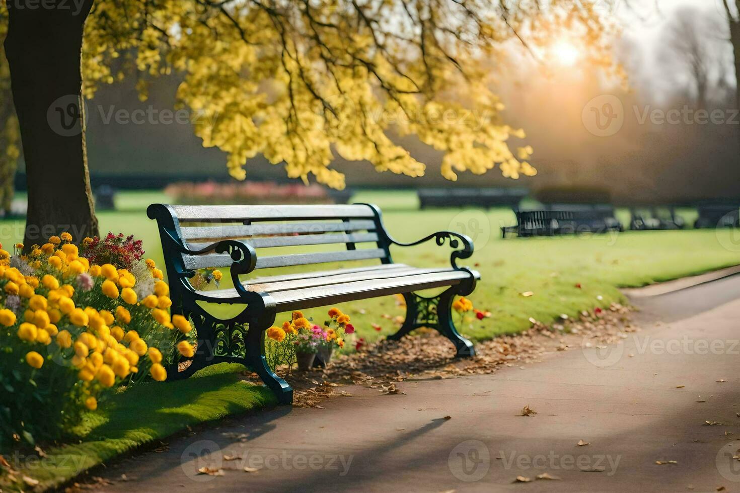 a park bench is in the middle of a park. AI-Generated photo