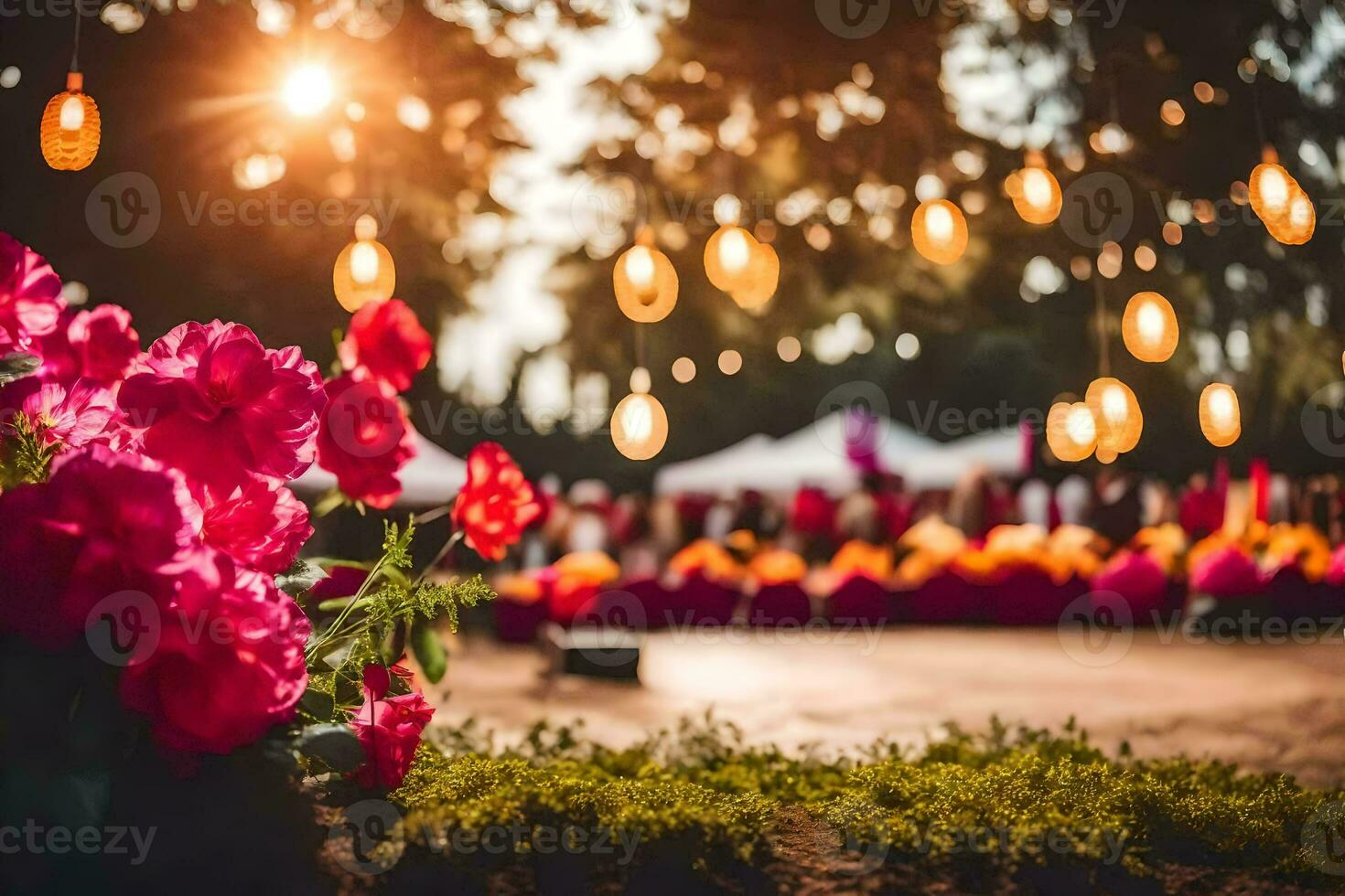 flores y luces en el jardín a puesta de sol. generado por ai foto