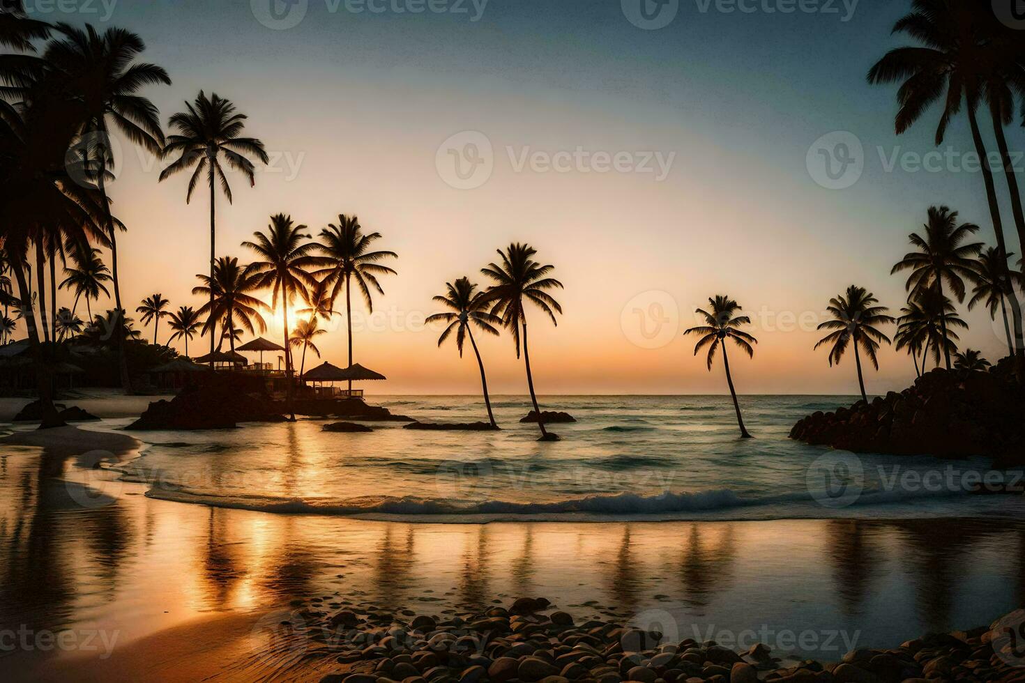 the sun sets over the ocean and palm trees. AI-Generated photo