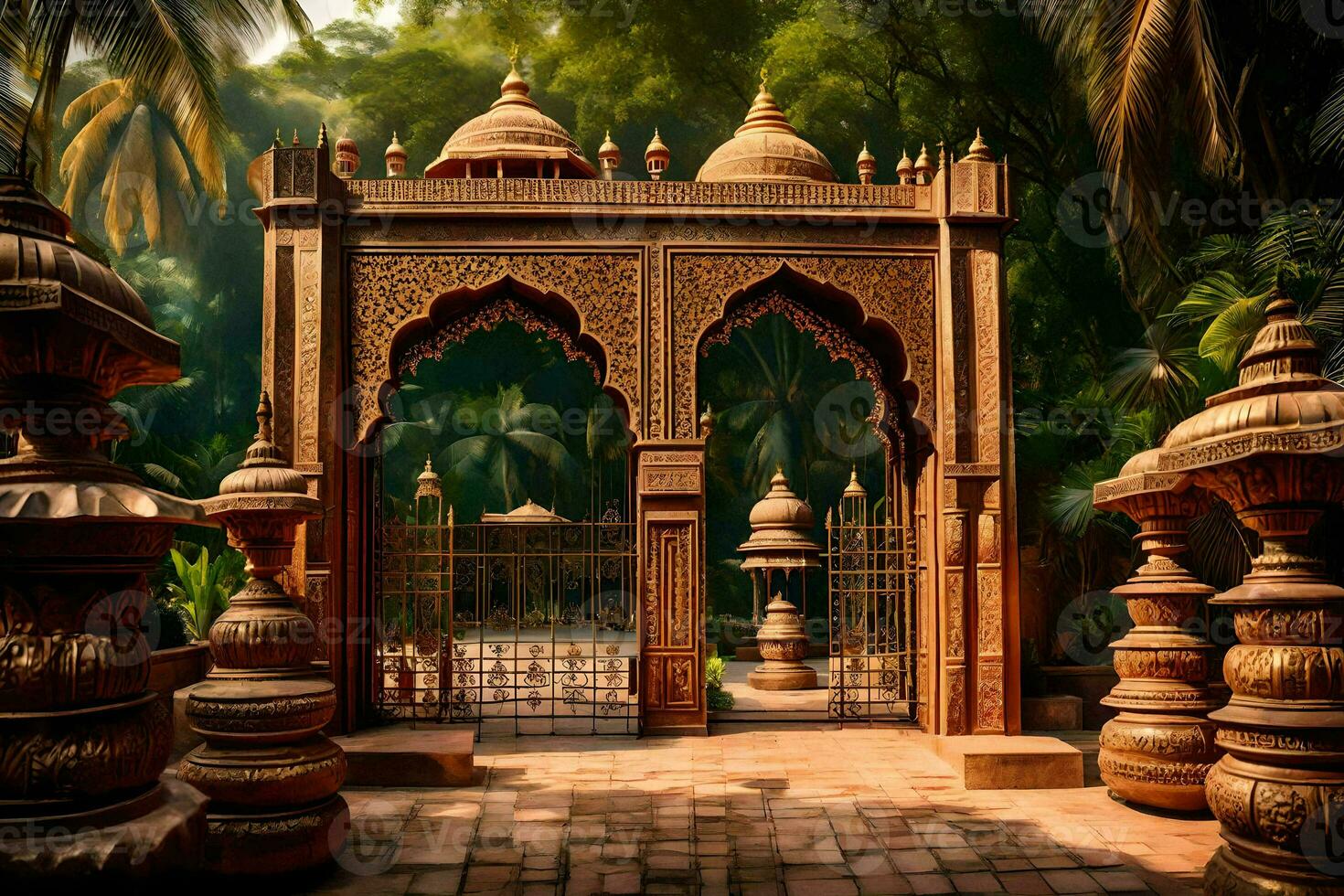 an indian temple with a gate and pillars. AI-Generated photo