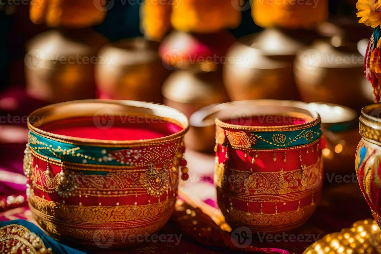 oro y rojo Boda tazas en un mesa. generado por ai foto