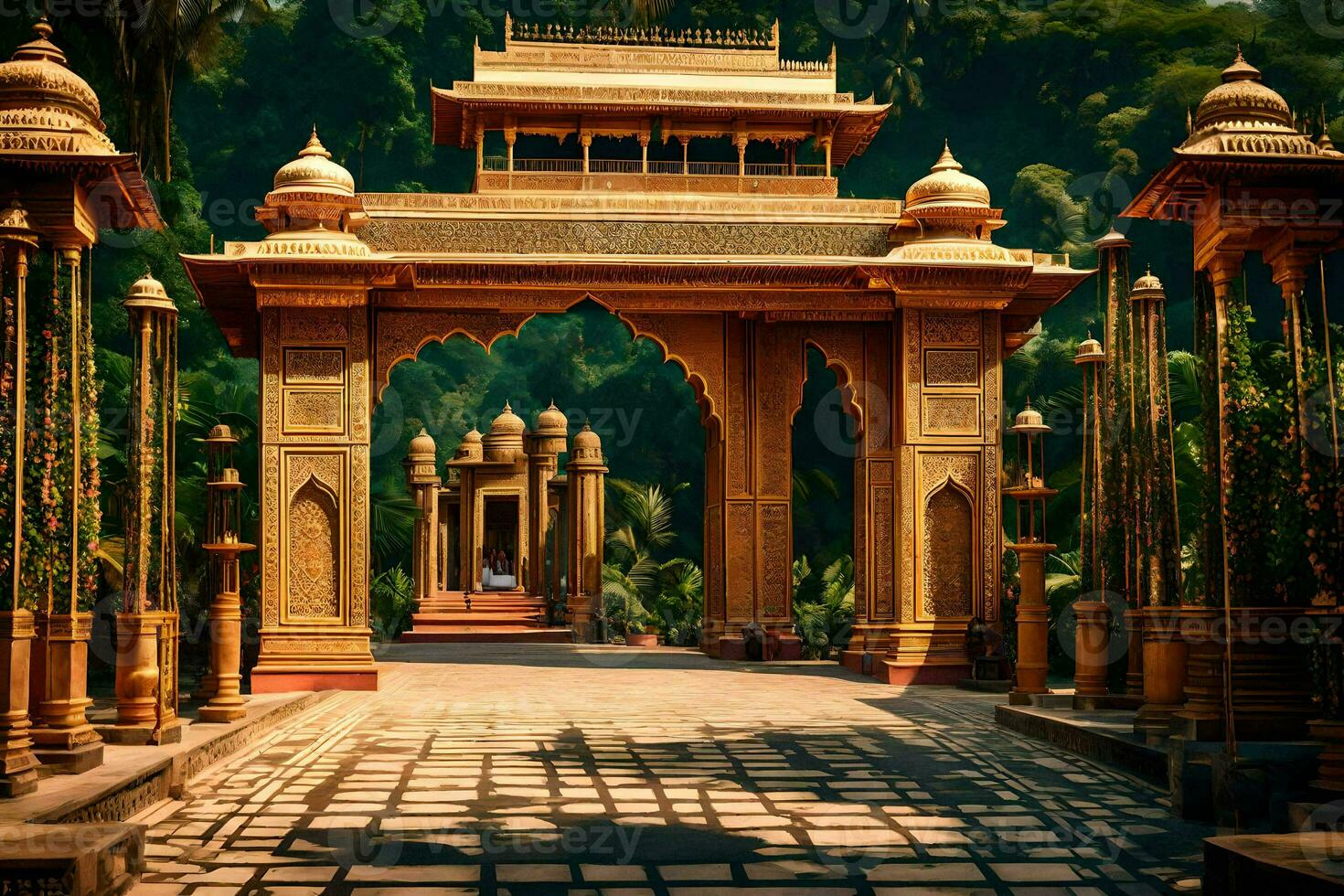 a golden gate with pillars and a stone walkway. AI-Generated photo
