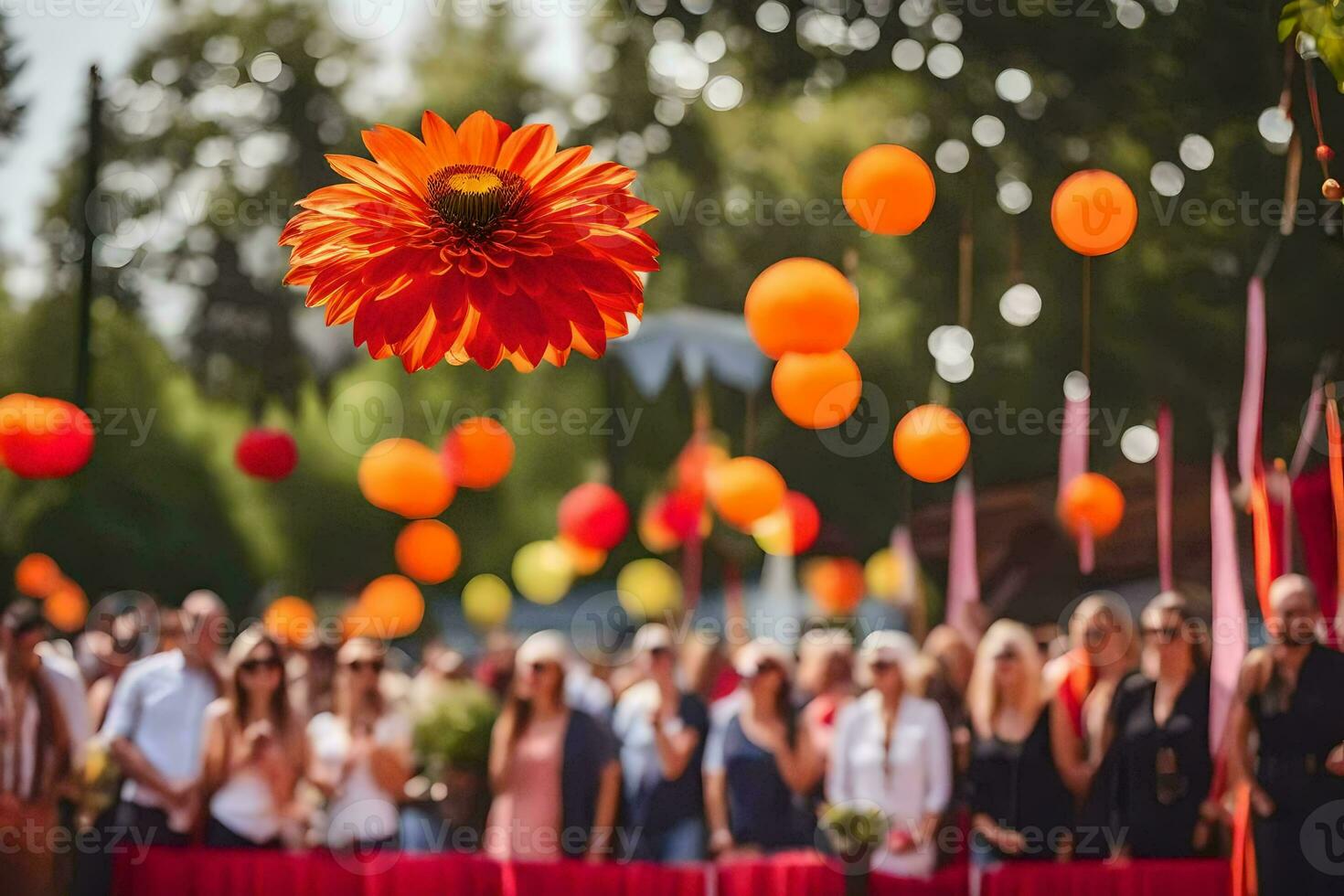 a large crowd of people are standing around a flower. AI-Generated photo