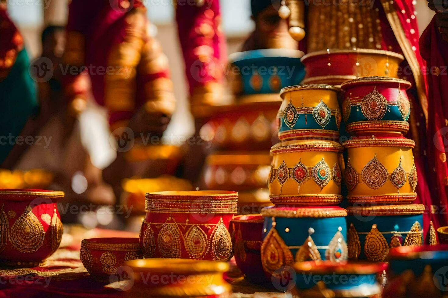 indian wedding decor with colorful pots and bowls. AI-Generated photo