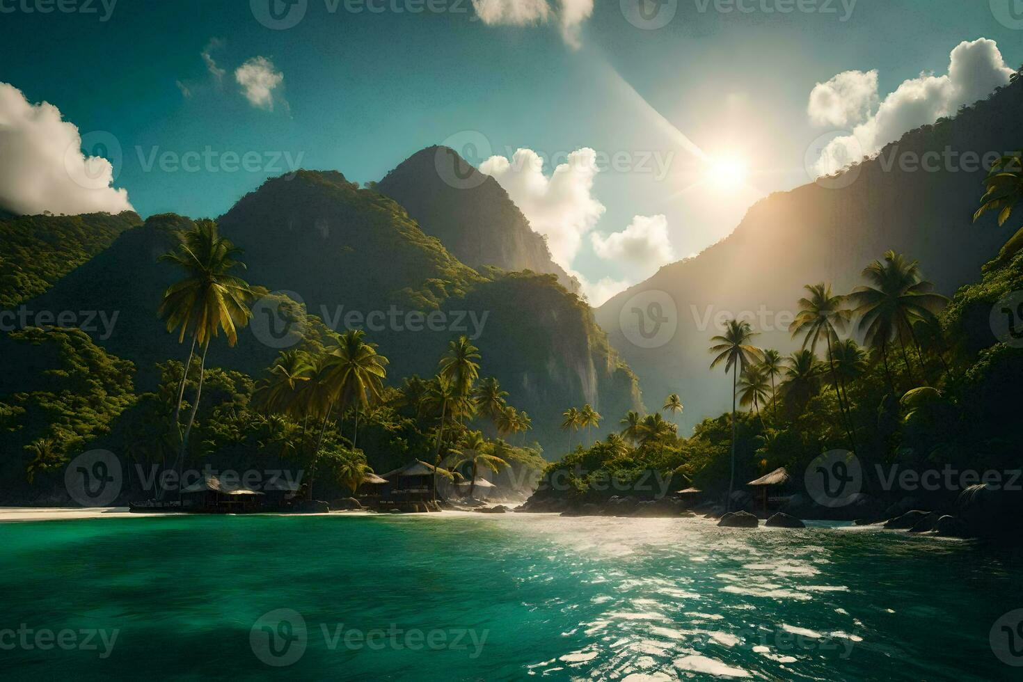 tropical beach with palm trees and mountains. AI-Generated photo