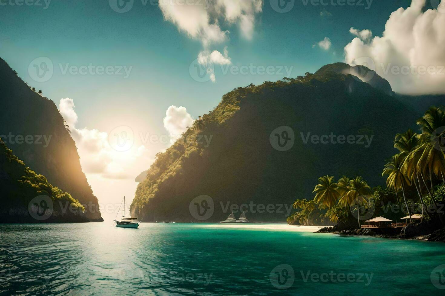 a boat in the ocean near a mountain. AI-Generated photo