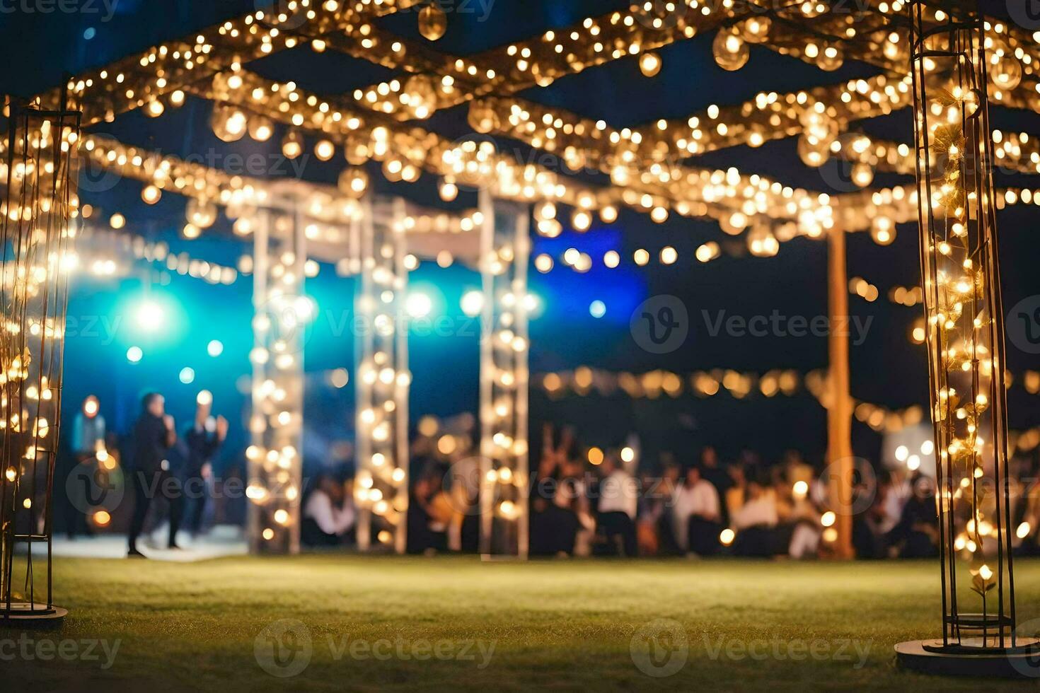 a wedding ceremony with lights strung across the grass. AI-Generated photo