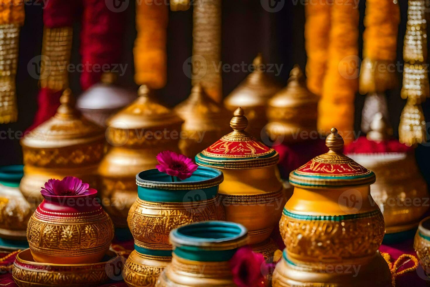 golden pots and other decorative items are displayed on a table. AI-Generated photo