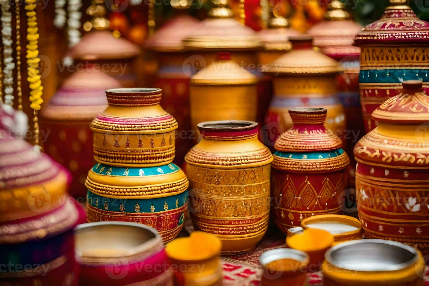 many colorful pots and vases are on display. AI-Generated photo