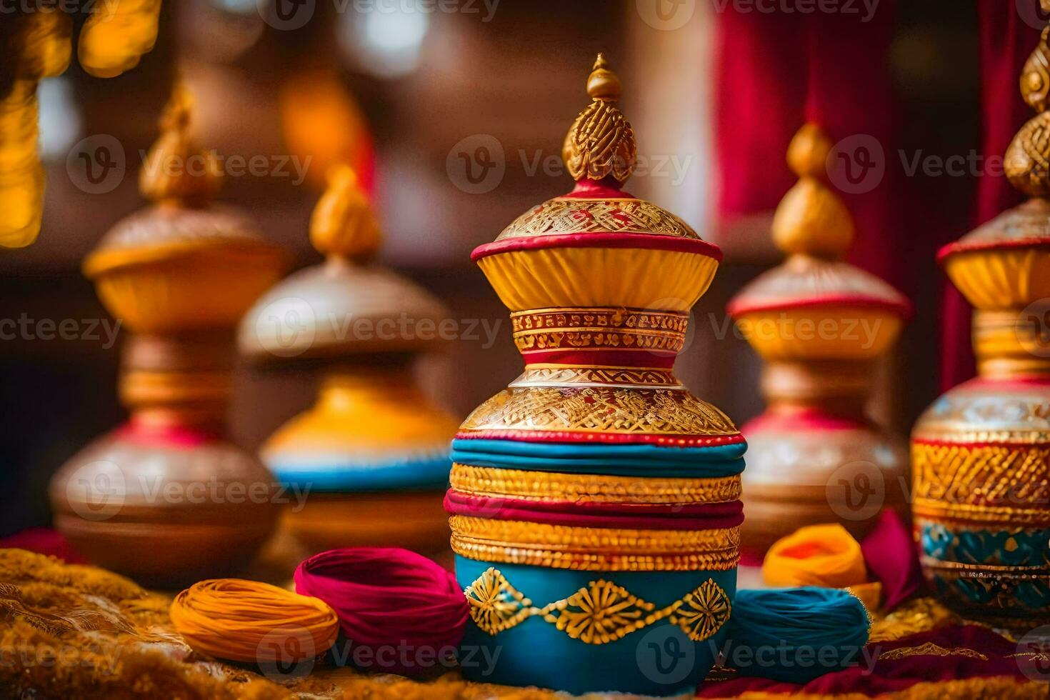 colorful vases with colorful decorations on a table. AI-Generated photo